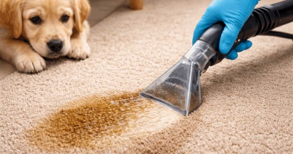 pet stain treatment supplies placed beside carpet