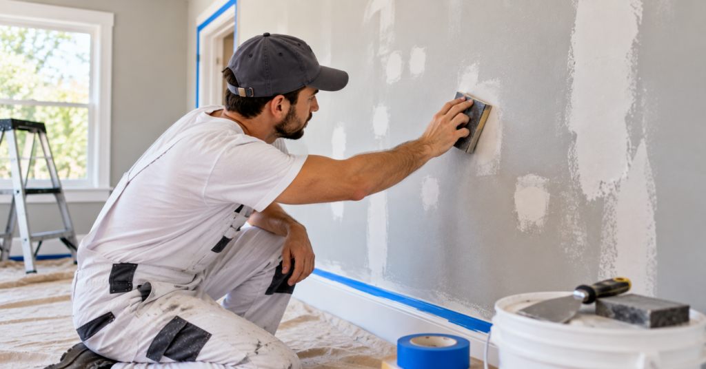 Painting a room with a roller after cutting in wall edges